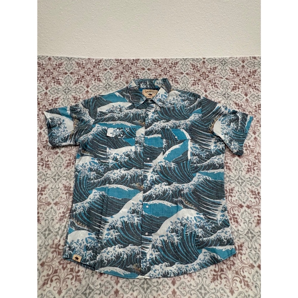 Western Aloha Great Wave Pearl Snap Shirt Mens XXL Blue White Short Sleeve USA